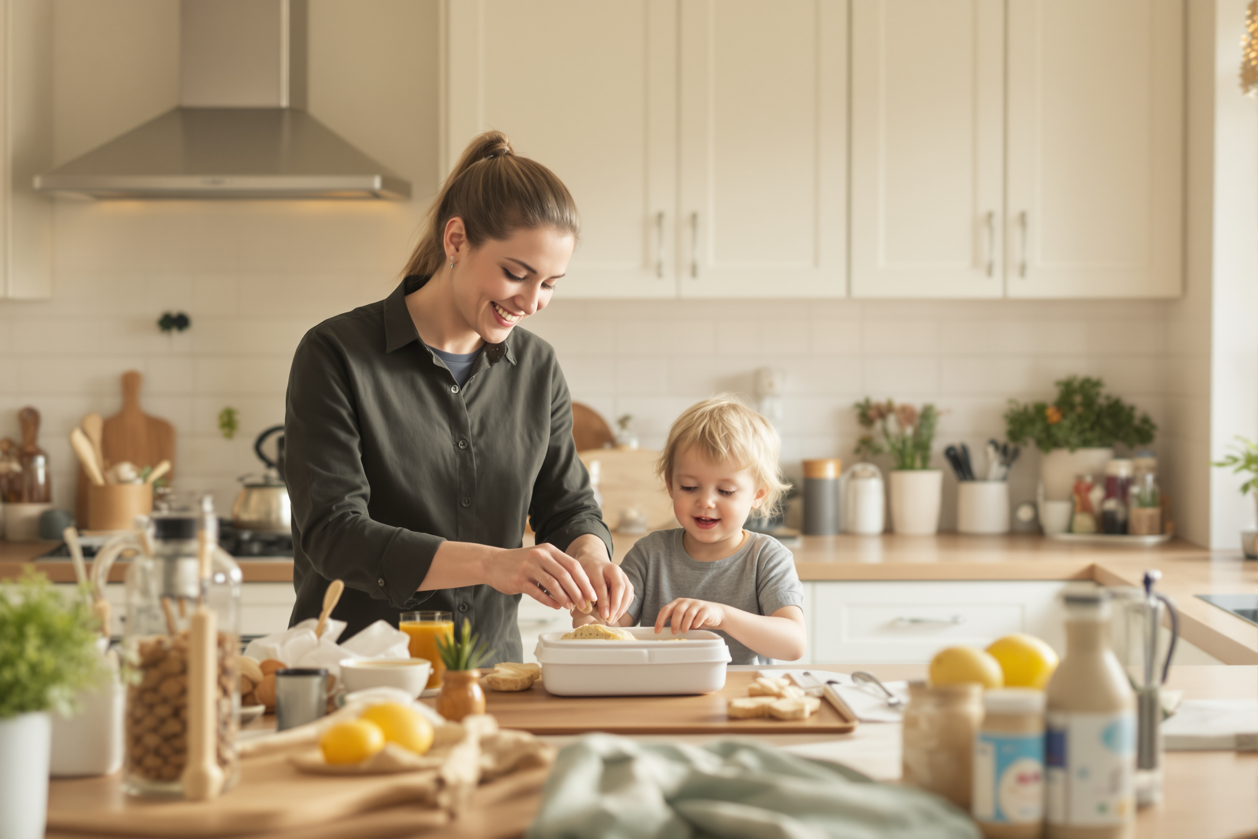 Busy family at home balancing children and household routines