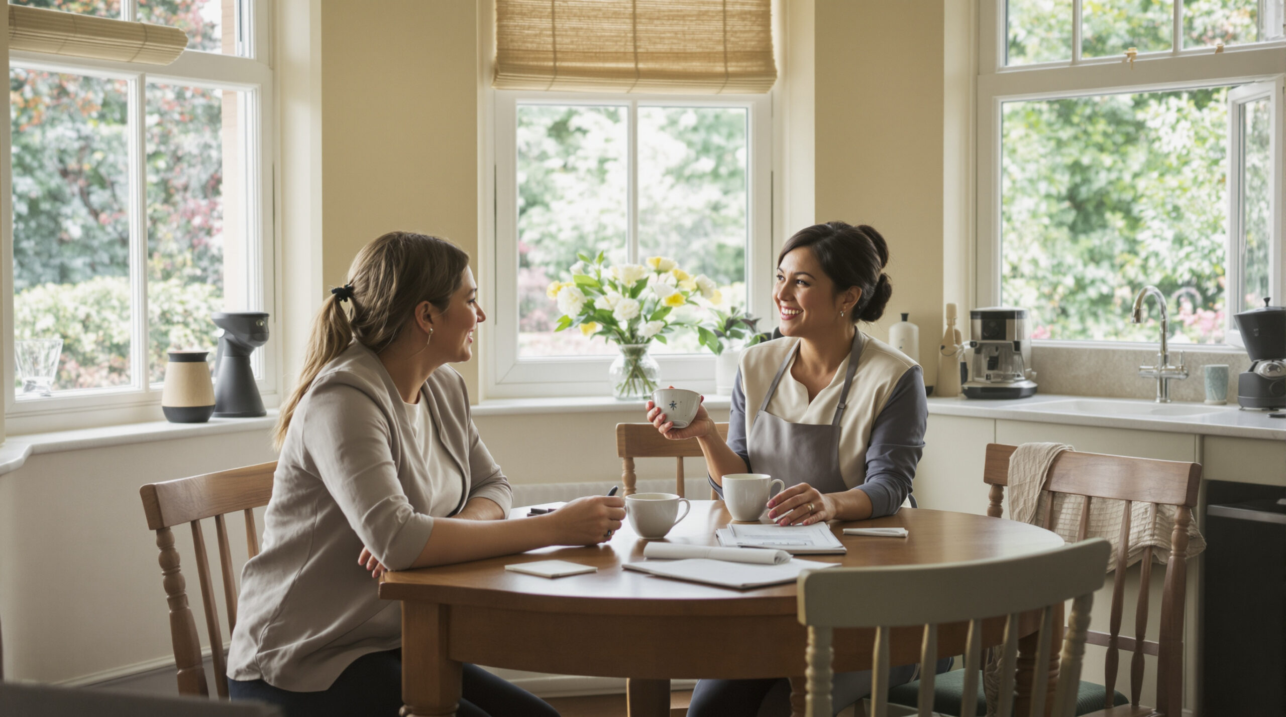 Homeowner and housekeeper discussing employment terms at a kitchen table