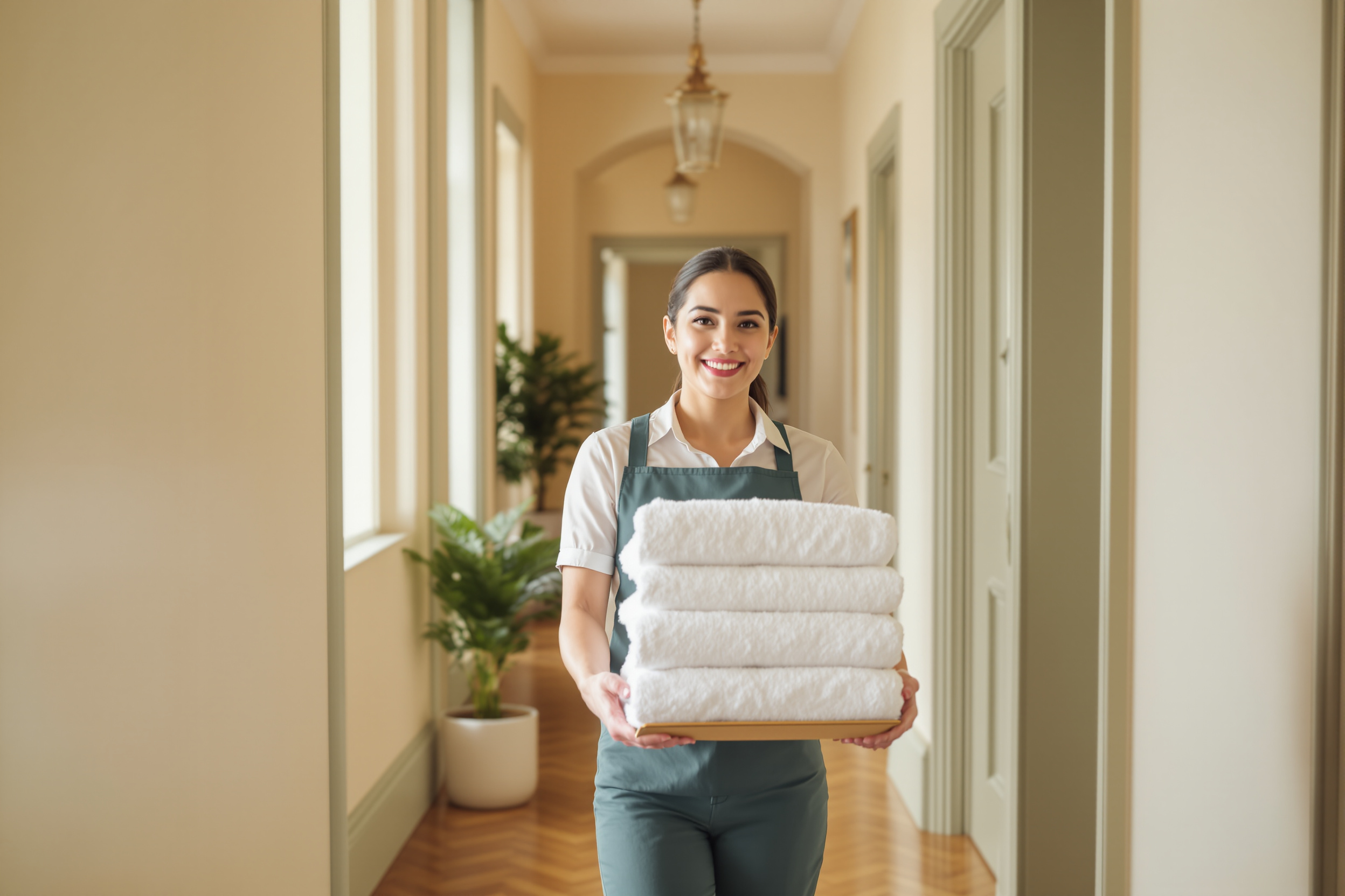 Filipina cleaner carrying fresh towels along a London hallway