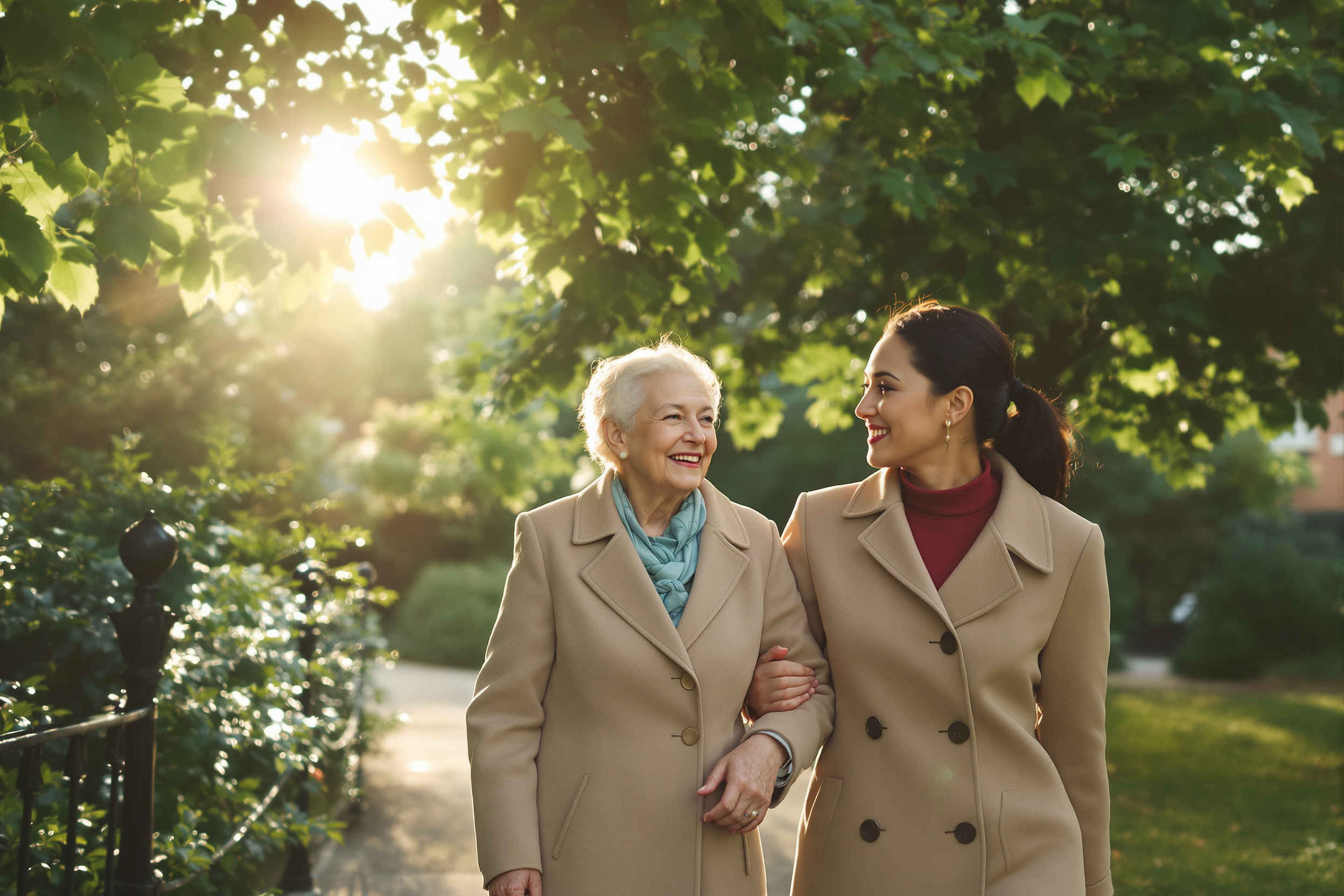 Older lady and Filipina companion walking arm in arm in a London garden