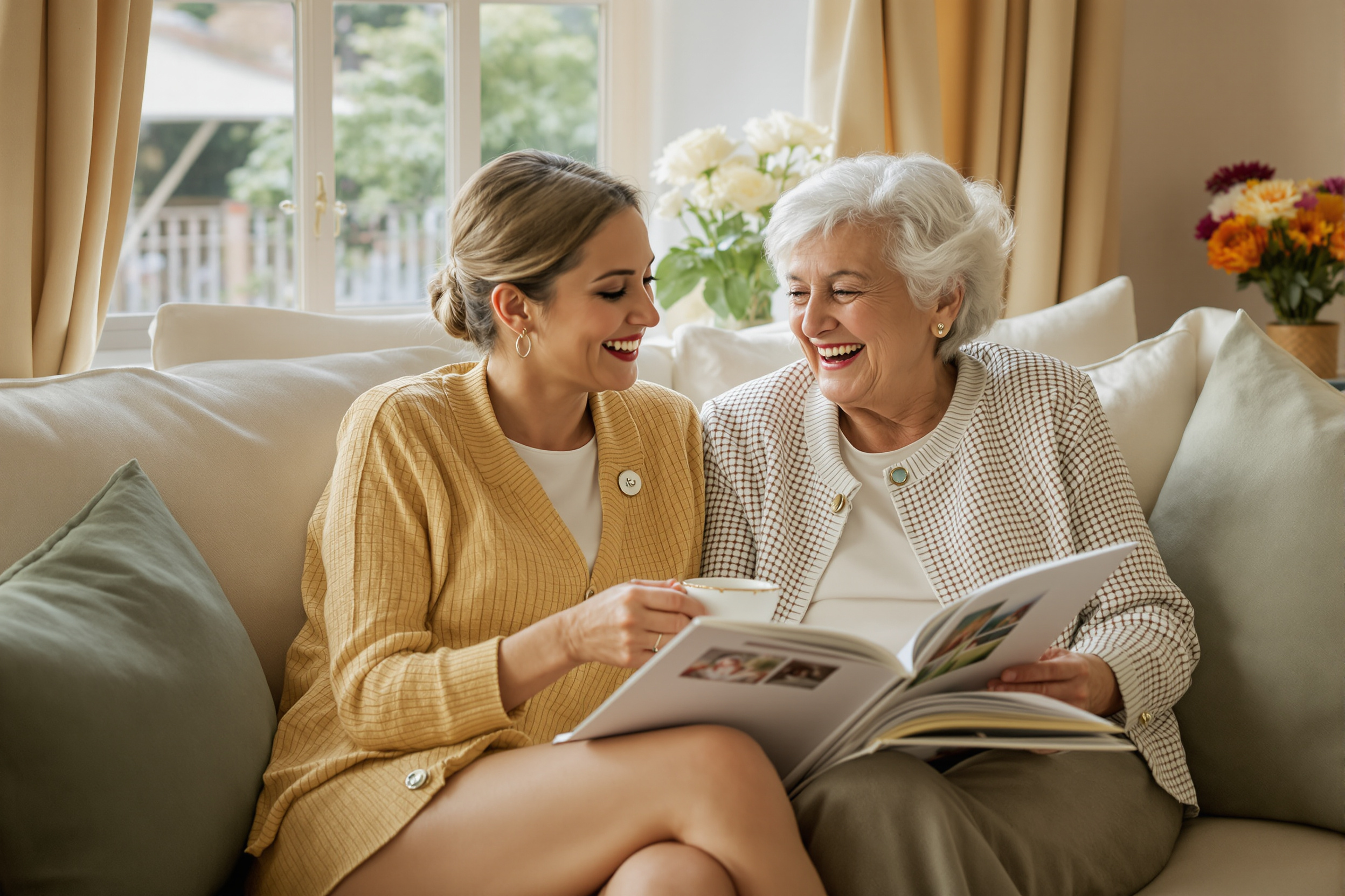Filipina companion and an older lady sharing a photo album over tea