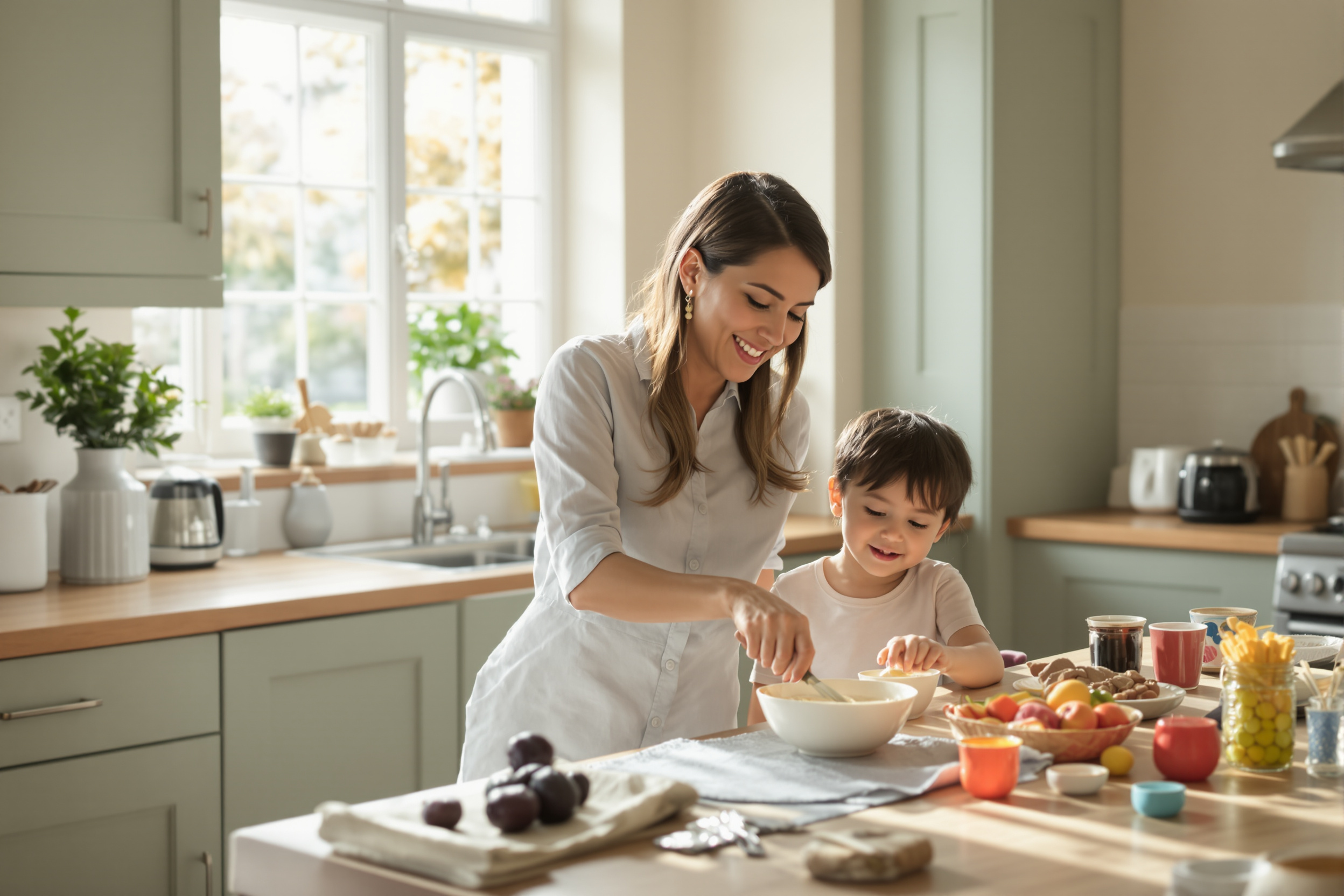 Filipina domestic professional preparing breakfast with a child