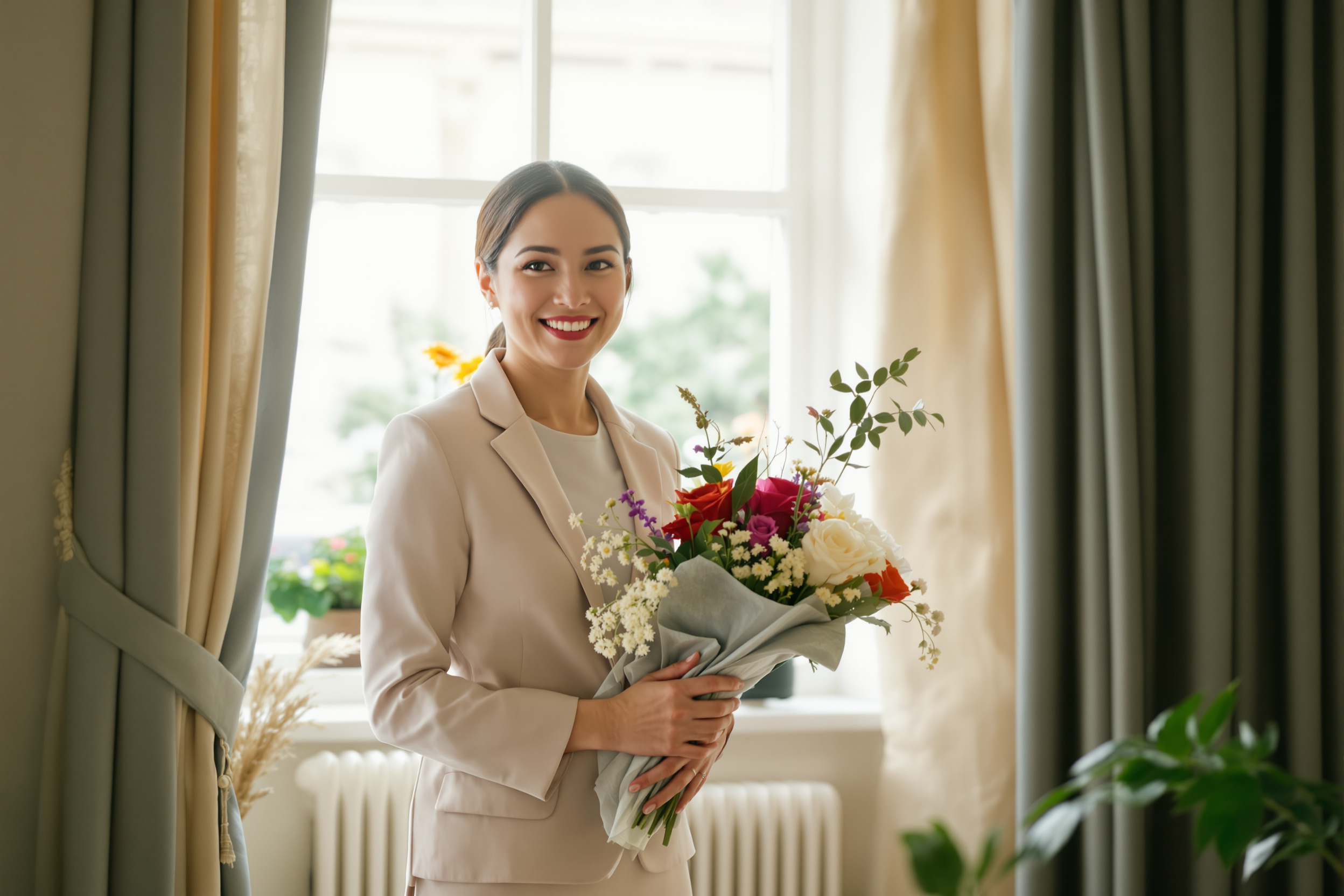 Filipina housekeeper with fresh flowers in a bright London living room