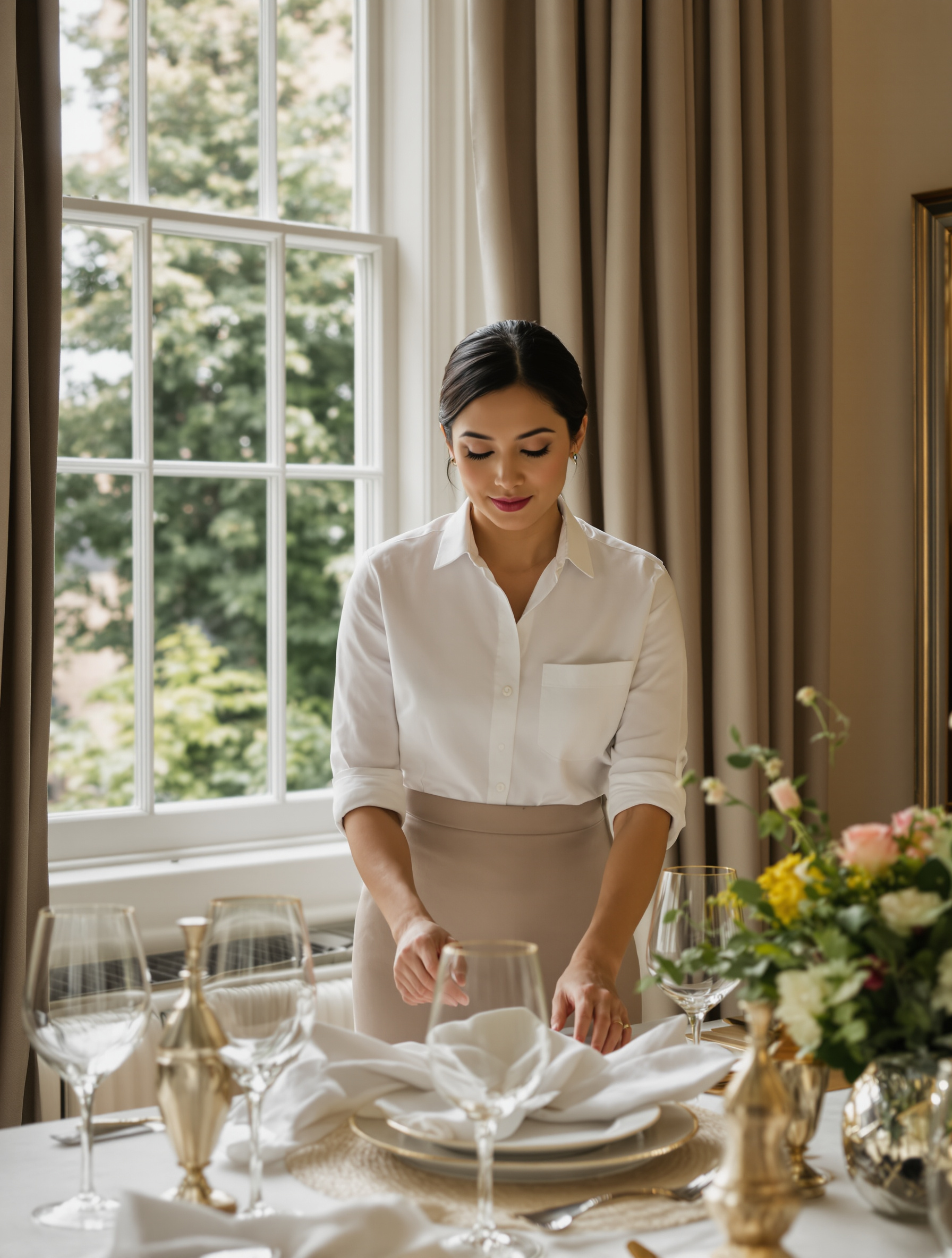 Household professional arranging a dining table in a family home
