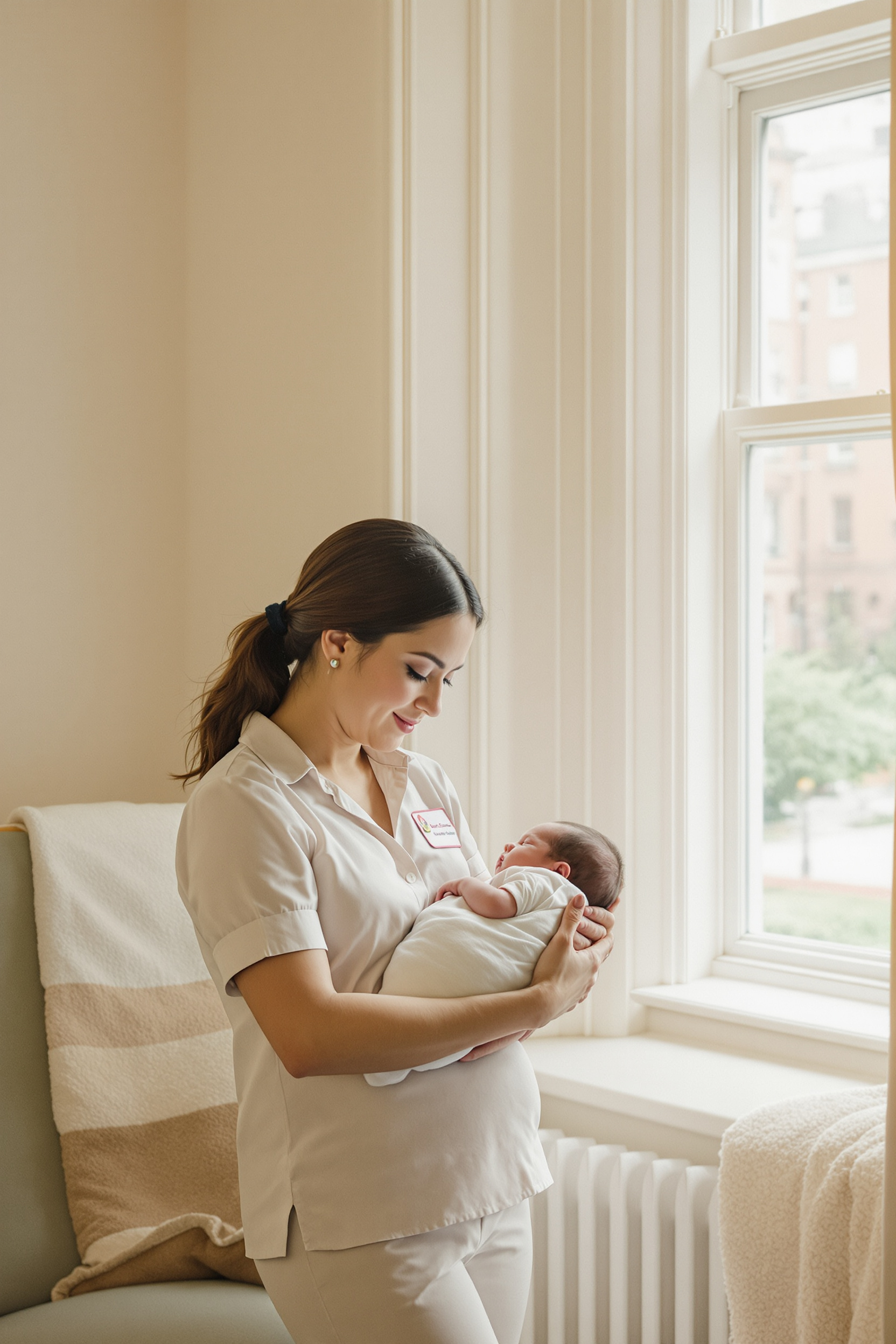 Filipina maternity nurse cradling a sleeping newborn in a London nursery