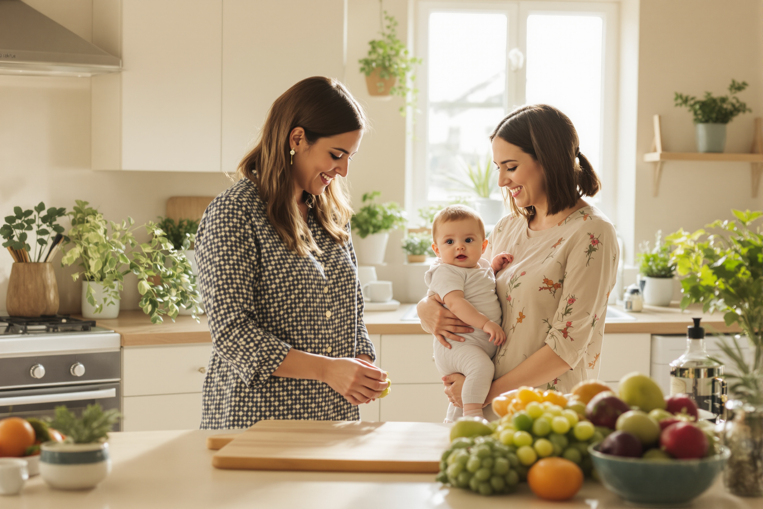 Filipina mothers help preparing a snack alongside a mother and baby