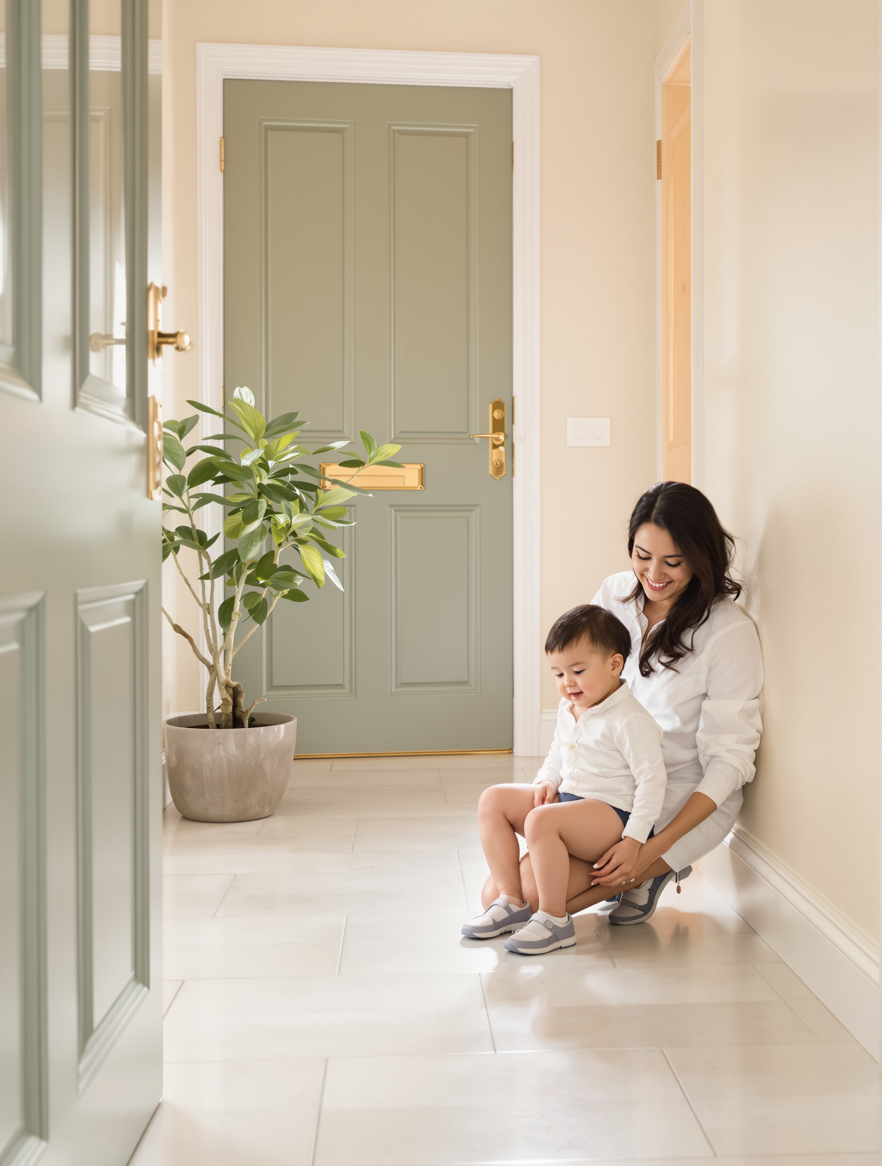Filipina mothers help helping a toddler with shoes in the hallway