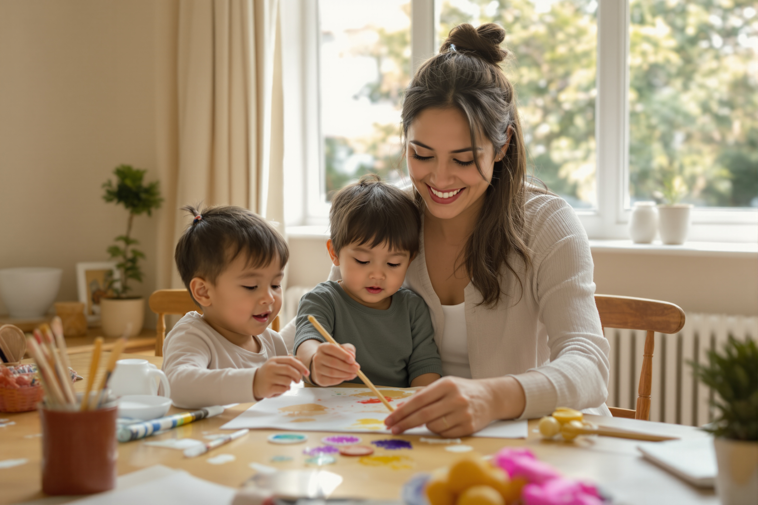 Nanny engaging with children in a London home