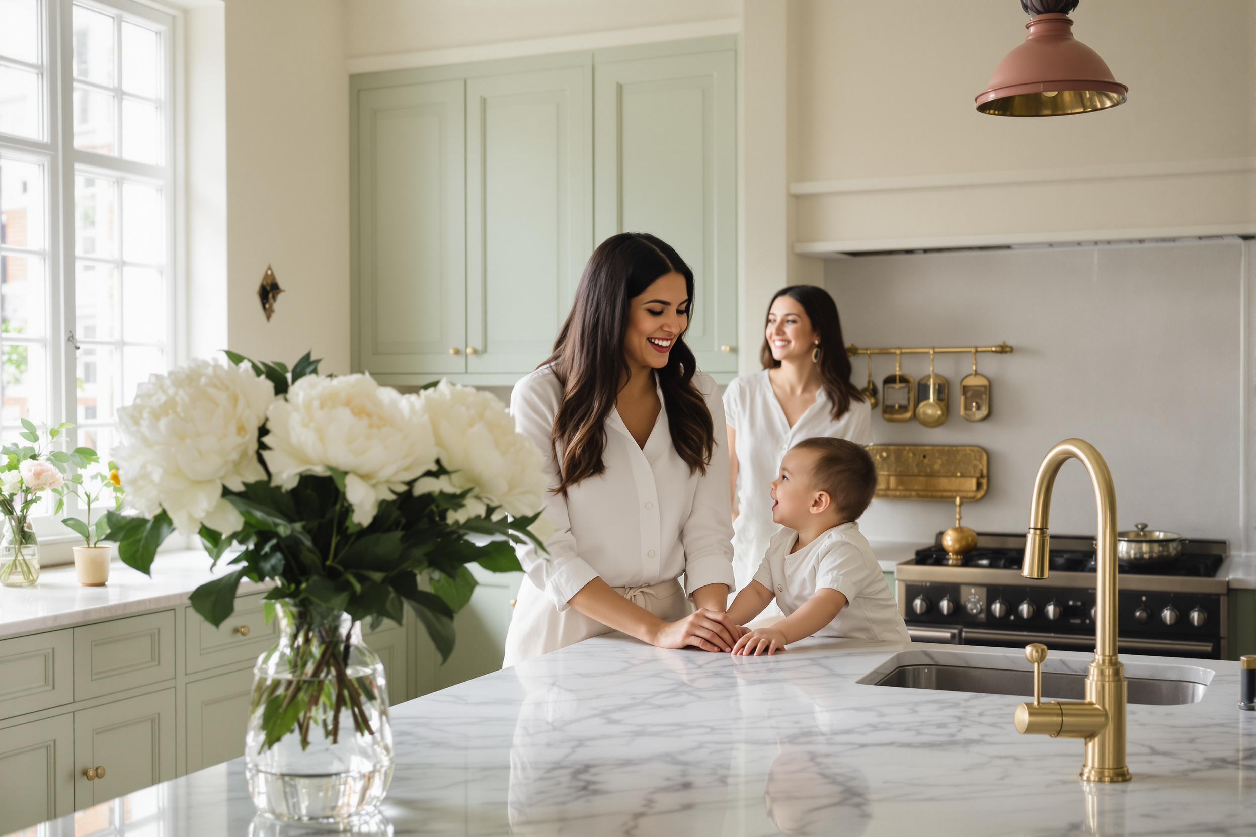 Filipina domestic professional laughing with a child in a bright London kitchen