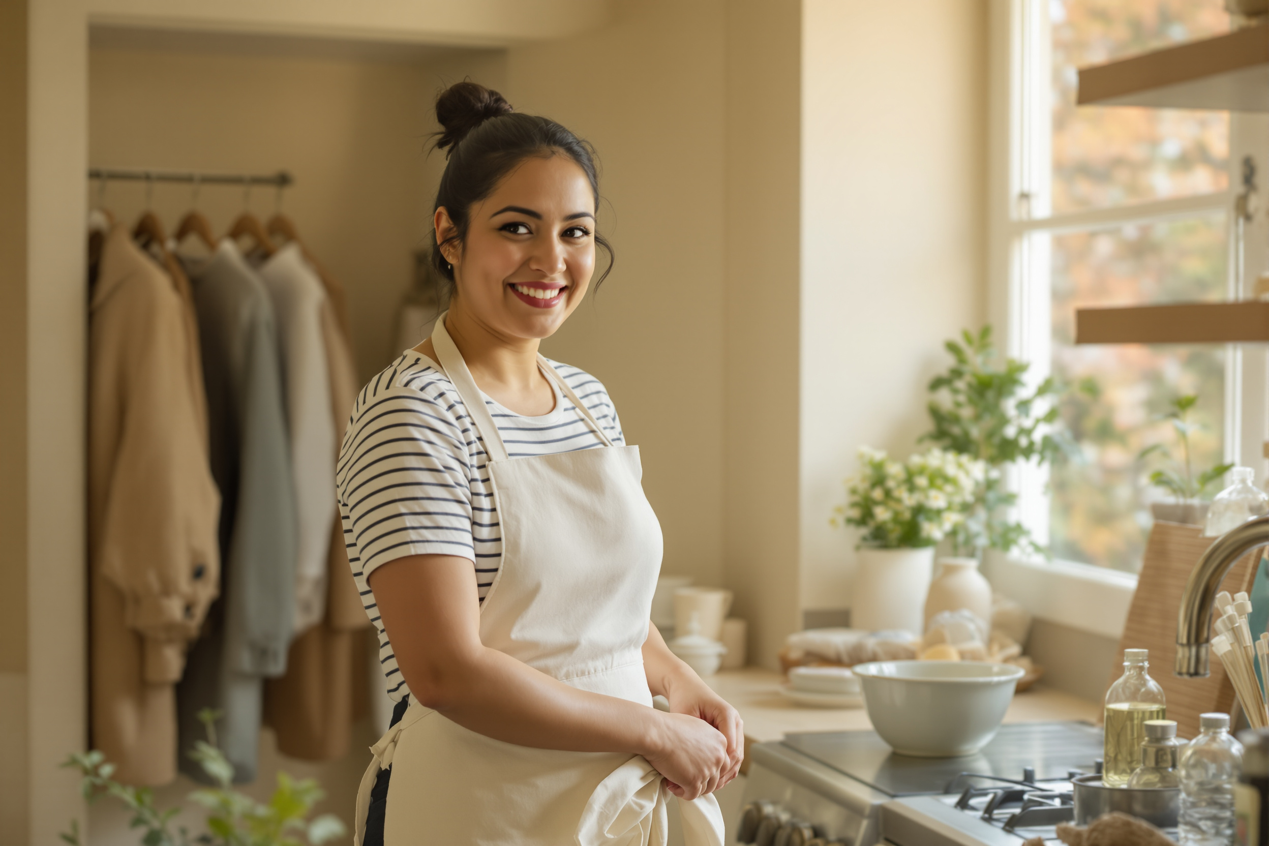Filipina housekeeper tying an apron ready to start in a London kitchen