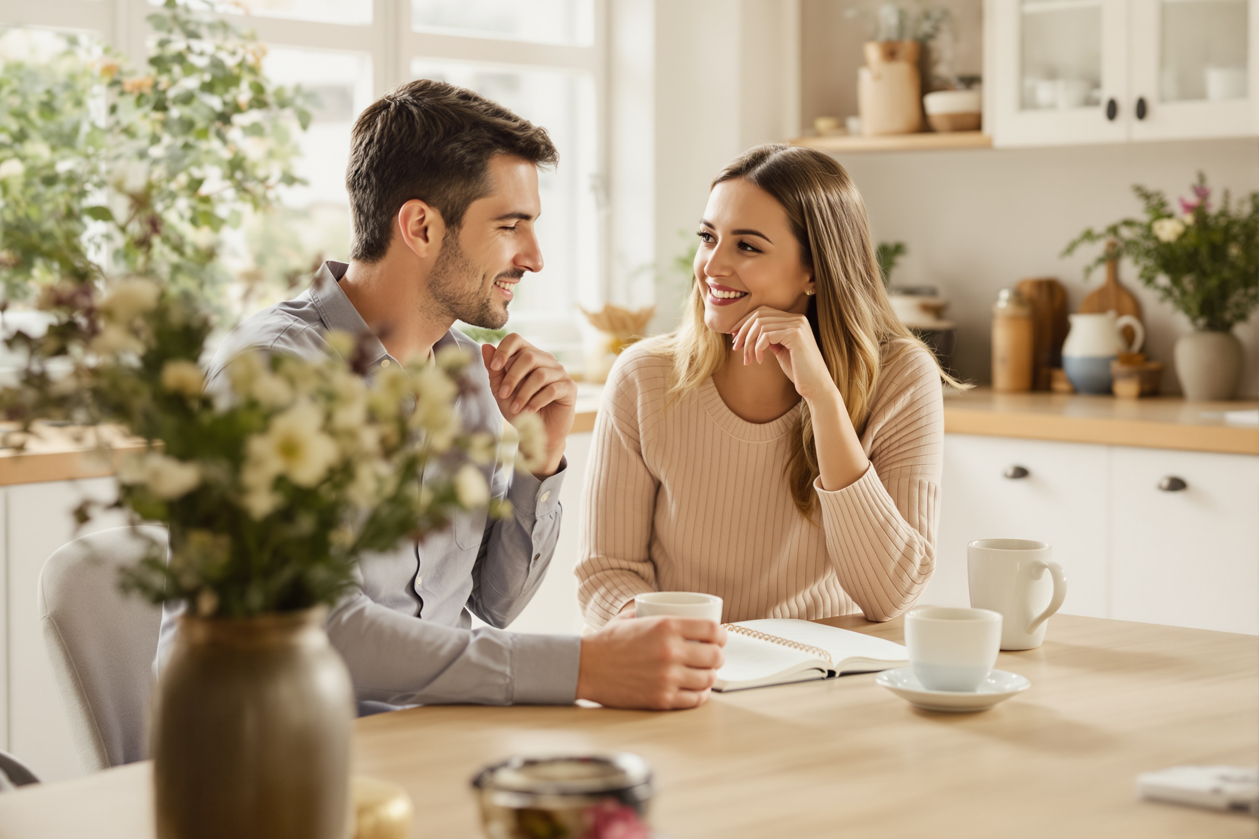 Couple discussing household staffing plans at their kitchen table
