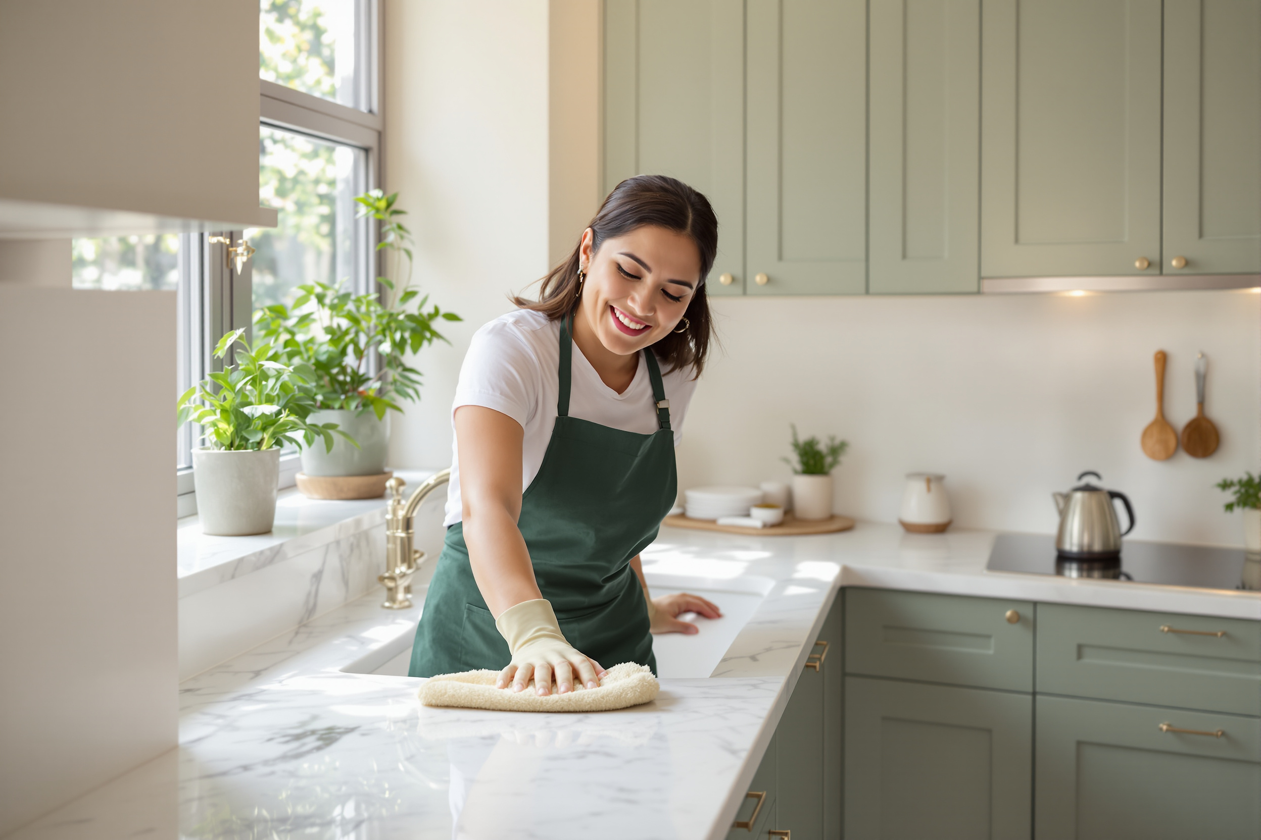 Housekeeper polishing the worktop in a stylish London kitchen