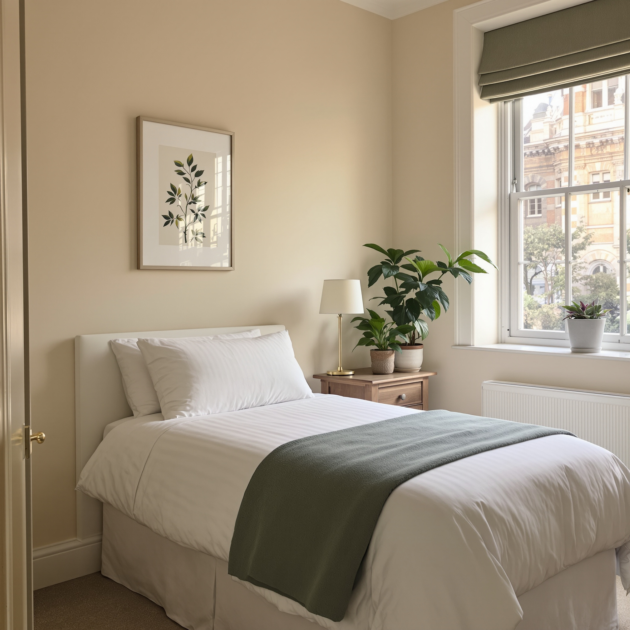 Private staff bedroom with a neatly made single bed in a London home
