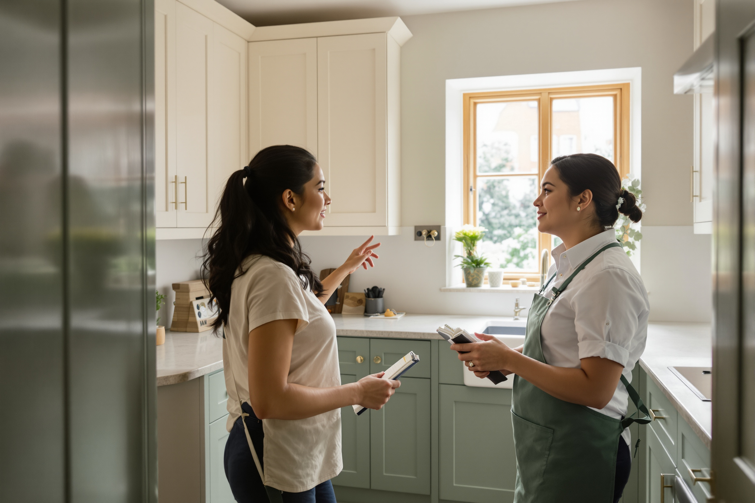 Smiling domestic professional and household discussing a trial placement brief in a London home